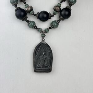 Double Strand Artisan Vintage 19.5" Necklace Jade Brass Sterling Buddha Heavy